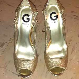 GUESS SPARKLING GOLD PEEP TOE PUMPS EXCELLENT CONDITION